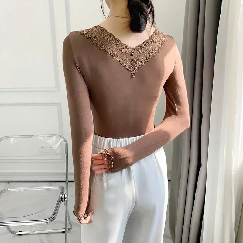 Autumn Long Sleeve Shirt Spring Lycra Thermal Underwear Basic V Neck T-shirt Underwear Woman Top Thin Blouse Female Clothing