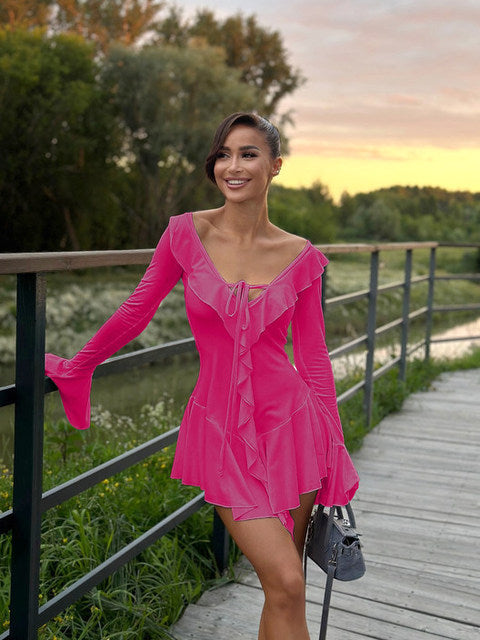 Falda corta ajustada con volantes y escote en V profundo para mujer, vestido de fiesta de noche con mangas acampanadas y volantes, ropa de calle para otoño