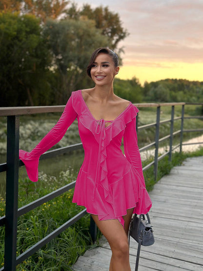 Falda corta ajustada con volantes y escote en V profundo para mujer, vestido de fiesta de noche con mangas acampanadas y volantes, ropa de calle para otoño