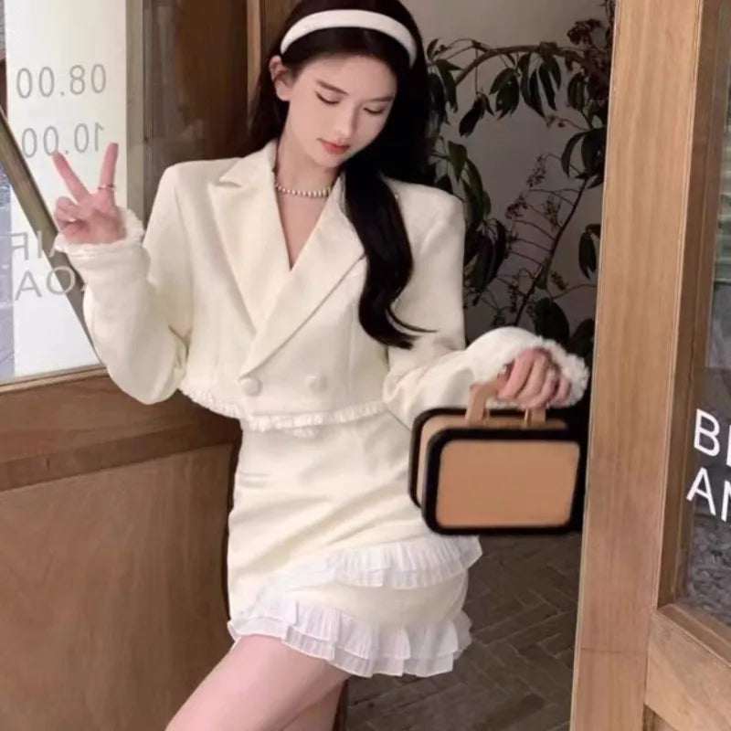 Conjunto de falda de dos piezas de lujo para mujer, chaqueta corta con solapa y volantes, minifalda ajustada de retazos, moda coreana, otoño