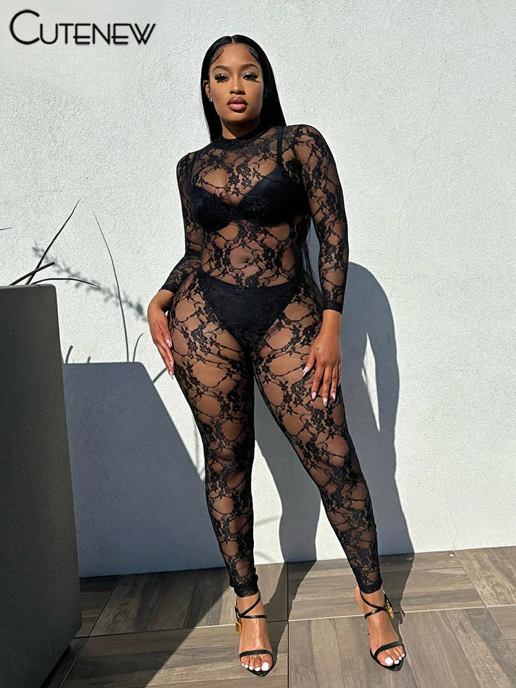 Women’s Solid Jumpsuit Casual Sexy Lace Fitness See-through One-Piece Sporty Attirewear Rompers Streetwear Overalls New