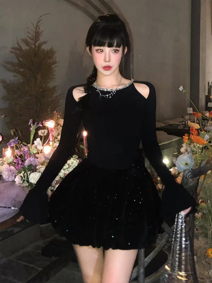 Vestidos negros de punto para otoño e invierno para mujer, de manga larga, cintura alta, corte A, para fiesta de cumpleaños, minivestidos, ropa femenina