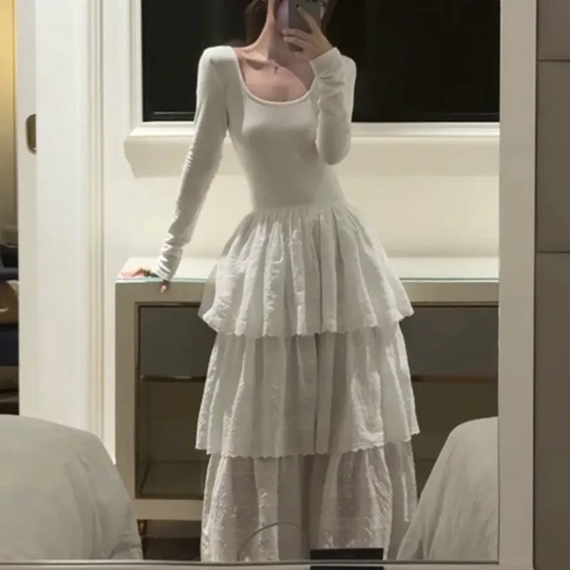 Vestidos midi de otoño para mujer, de manga larga, lisos, con cuello en U, sin espalda, corte en A, moda coreana, informales, de una pieza