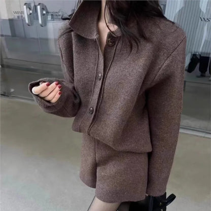 Autumn Winter New Two-piece Knitted Sets Single Breasted Sweater Top High Waist Shorts Korean Fashion Casual Outfits Solid Suit