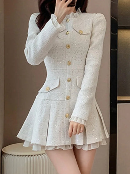 Vestido corto a cuadros de tweed para mujer, moda Otoño Invierno, nuevo, plisado, con una sola botonadura, elegante y chic.