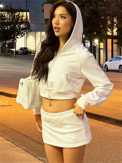 Autumn Fashion Hoodie 2 Piece-Set Skirt Female Cropped Zipper Cardigan Top And Skirt Sets Tracksuit Women’s Sexy Outfits