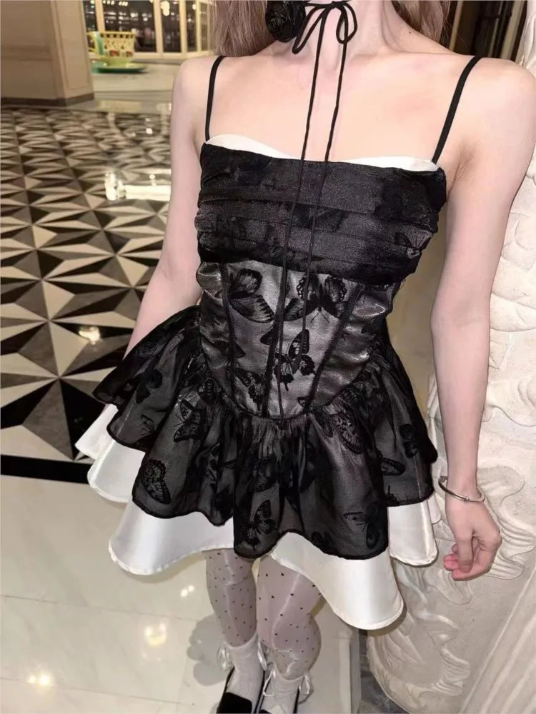 Vestido corto de una pieza con volantes y tirantes finos de encaje Y2K para mujer, vestido de fiesta de verano, moda coreana