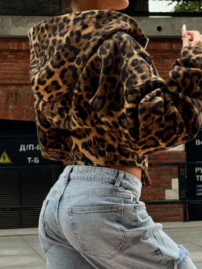 Autumn New Zip Up Hooded Women¡¯s Sweats Long Sleeve Binding Waist Leopard Streetwear Hoodies Gyaru Baddie Y2k