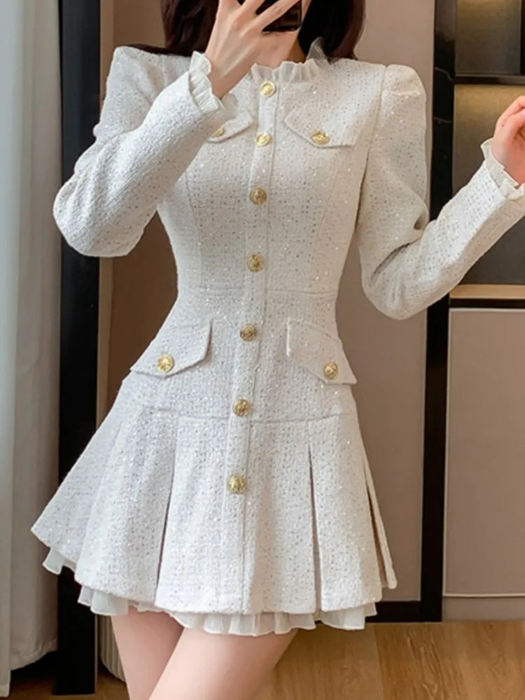 Vestido corto a cuadros de tweed para mujer, moda Otoño Invierno, nuevo, plisado, con una sola botonadura, elegante y chic.