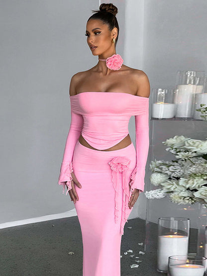 Winter New Sexy Long Sleeved Half Skirt Set For Woman 3D Flower Slim Tight Long Skirt Party Evening Dress Two Piece Set