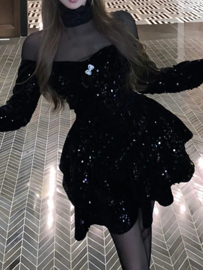 Vestido elegante informal de corte A para mujer, color negro, estilo vintage de terciopelo, a la moda, para fiestas, noches y Navidad