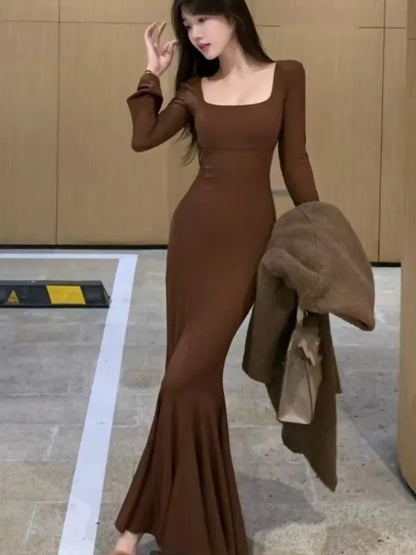 Vestidos largos de moda de otoño para mujer, mangas largas, cuello cuadrado, estilo coreano, corte entallado, sirena, elegantes, básicos, lisos, nuevos