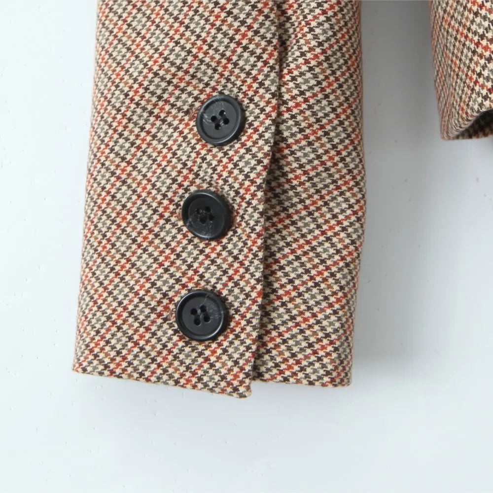 2 pieces 1 set Women Slim Boning Waist Removable Faux Fur Collar Houndstooth Plaid Blazer + High Waist A line Mini Skirt Suits