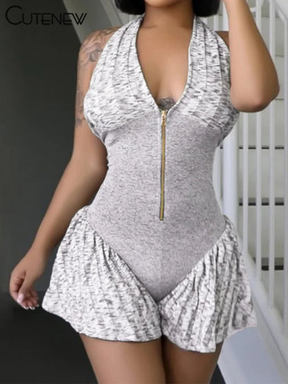 Monos de retazos con cuello halter para mujer, informales, a rayas, sin mangas, con cuello en V, con cremallera y escote entallado, ropa de verano concisa para mujer