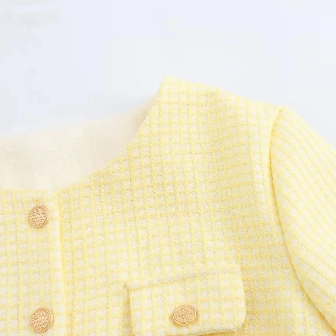 Abrigo de tweed a cuadros amarillo con cuello redondo para otoño, chaqueta corta vintage con bolsillos delanteros y botones dorados para mujer, chaqueta elegante