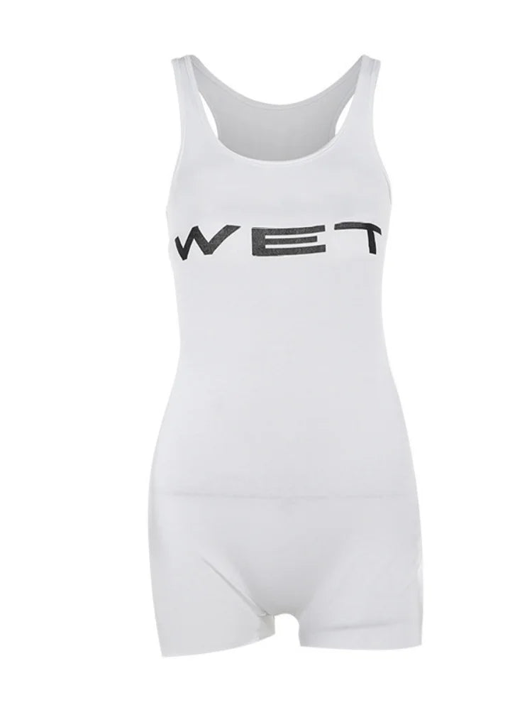 Mono de una pieza blanco con estampado de letras para mujer, mono sin mangas, mono corto ajustado, ropa de verano