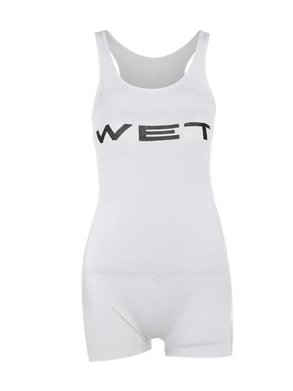 Mono de una pieza blanco con estampado de letras para mujer, mono sin mangas, mono corto ajustado, ropa de verano