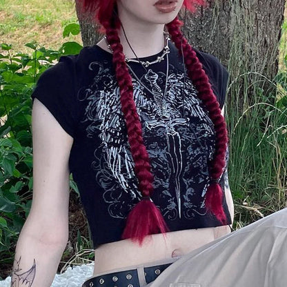 90s Harajuku printed T-shirt short sleeved tight top women’s Y2K street wear exposed navel top