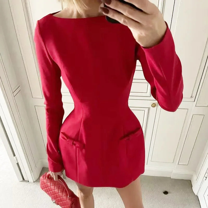 Bows Splice Long Sleeve Mini Dress Elegant Office Woman Solid Bodycon Club Party Dresses  Autumn High Waist Fashion