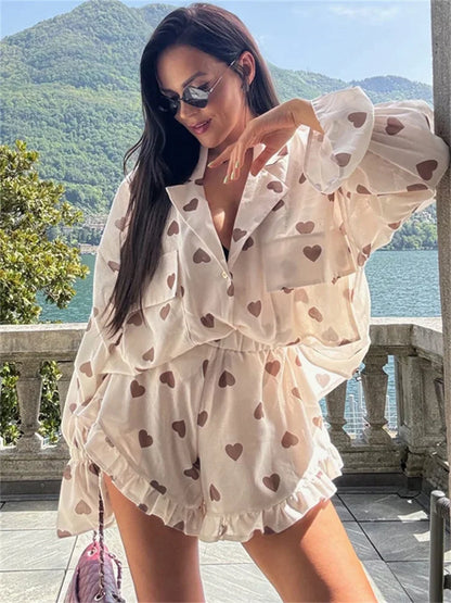 Autumn 2 Piece-Set Shorts For Women Printed Pocket Shirts And High Waist Slim Shorts Sets Female Casual Contrast Outfits