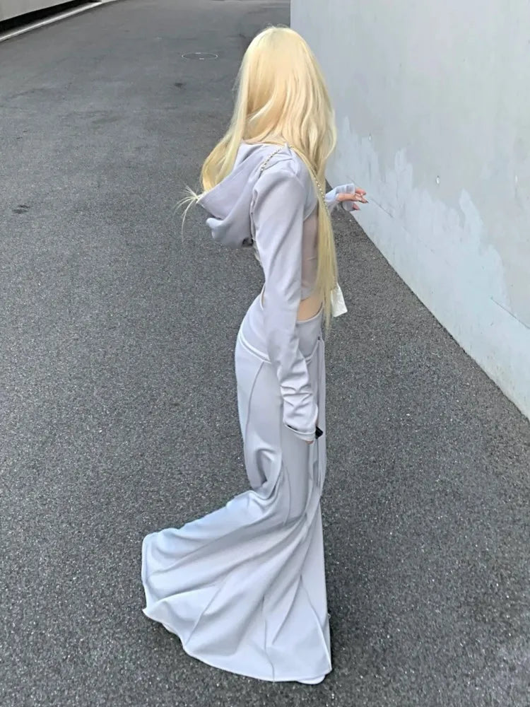 Conjunto de falda de 3 piezas de otoño Y2K para mujer, cárdigan corto con capucha de manga larga, chaleco, falda larga, ropa de calle sexy para fiesta y club Harajuku, nuevo