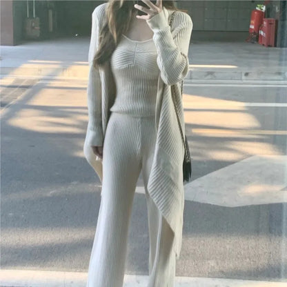 Conjunto de 3 piezas de punto liso para otoño e invierno, camiseta sin mangas para mujer, pantalones largos, cárdigan, suéter, jersey, moda coreana, conjuntos casuales, nuevo