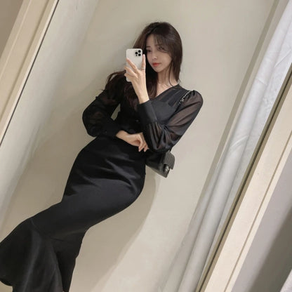 Autumn New Korean Fashion Bodycon Midi Dresses for Women Mesh Patchwork Long Sleeve Fishtail Office Lady Mermaid Party Dress
