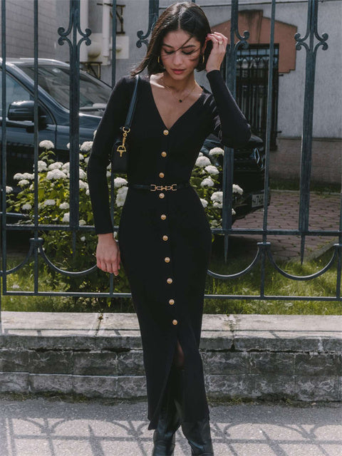 Autumn V-Neck Knit Long Dress For Women Ribbed Patchwork Cardigan Slim Elegant Party Dress Female Knitwear Maxi Dress