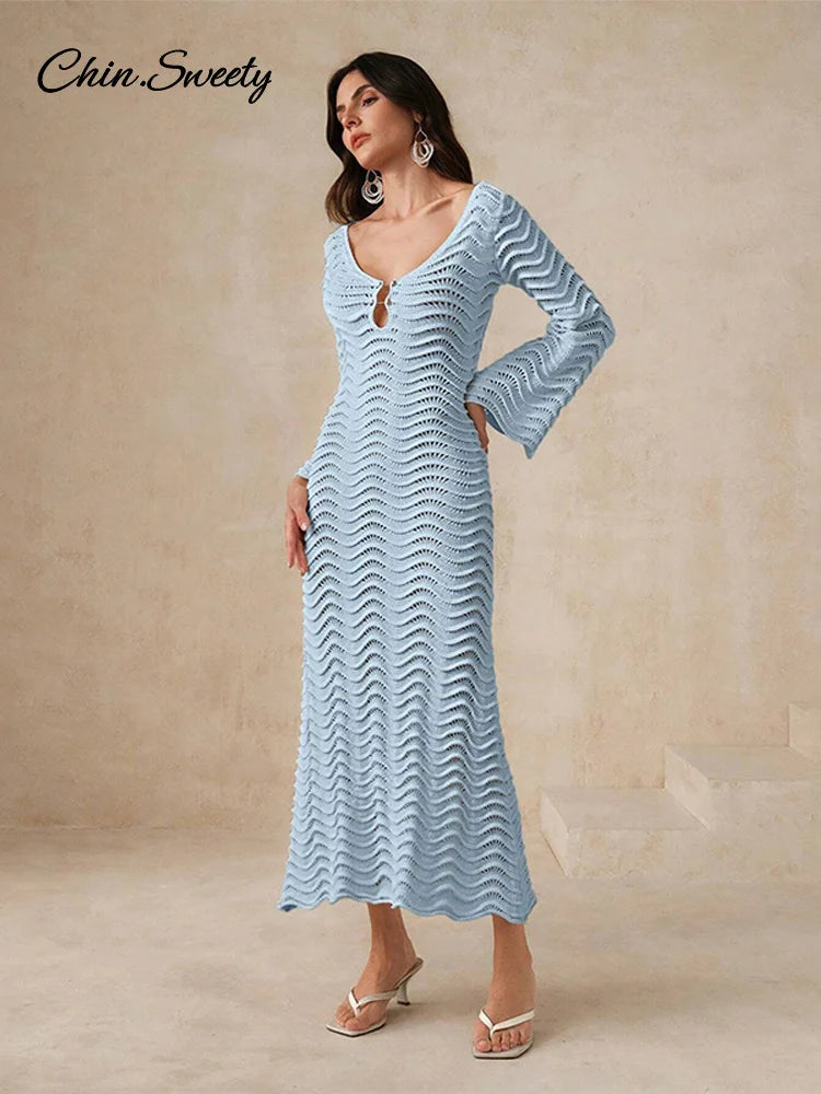 Beach Knit Hollow Out Maxi Dress Women Solid Flare Sleeve Lace-Up See-Through Holiday Dresses Female 2025 Summer Lady Slim Robes