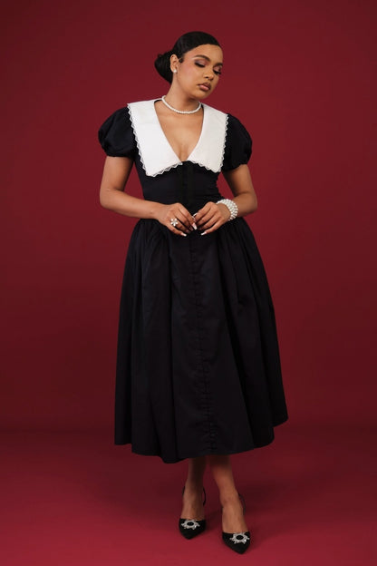 Vestido midi con mangas abullonadas y cuello de muñeca Athena 