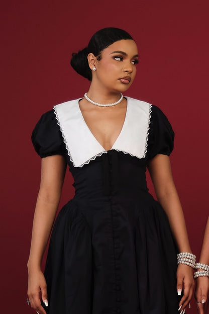 Vestido midi con mangas abullonadas y cuello de muñeca Athena 