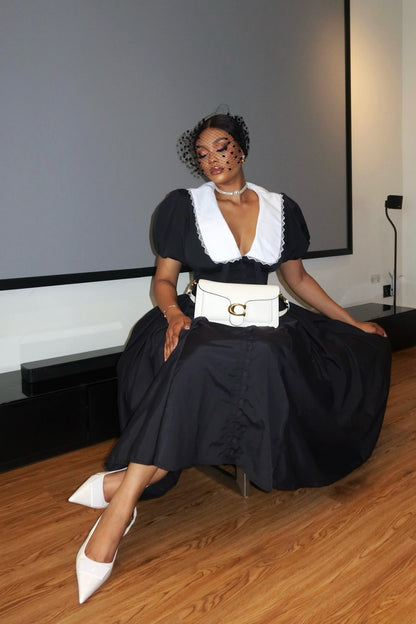 Vestido midi con mangas abullonadas y cuello de muñeca Athena 