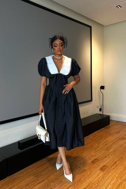 Vestido midi con mangas abullonadas y cuello de muñeca Athena 