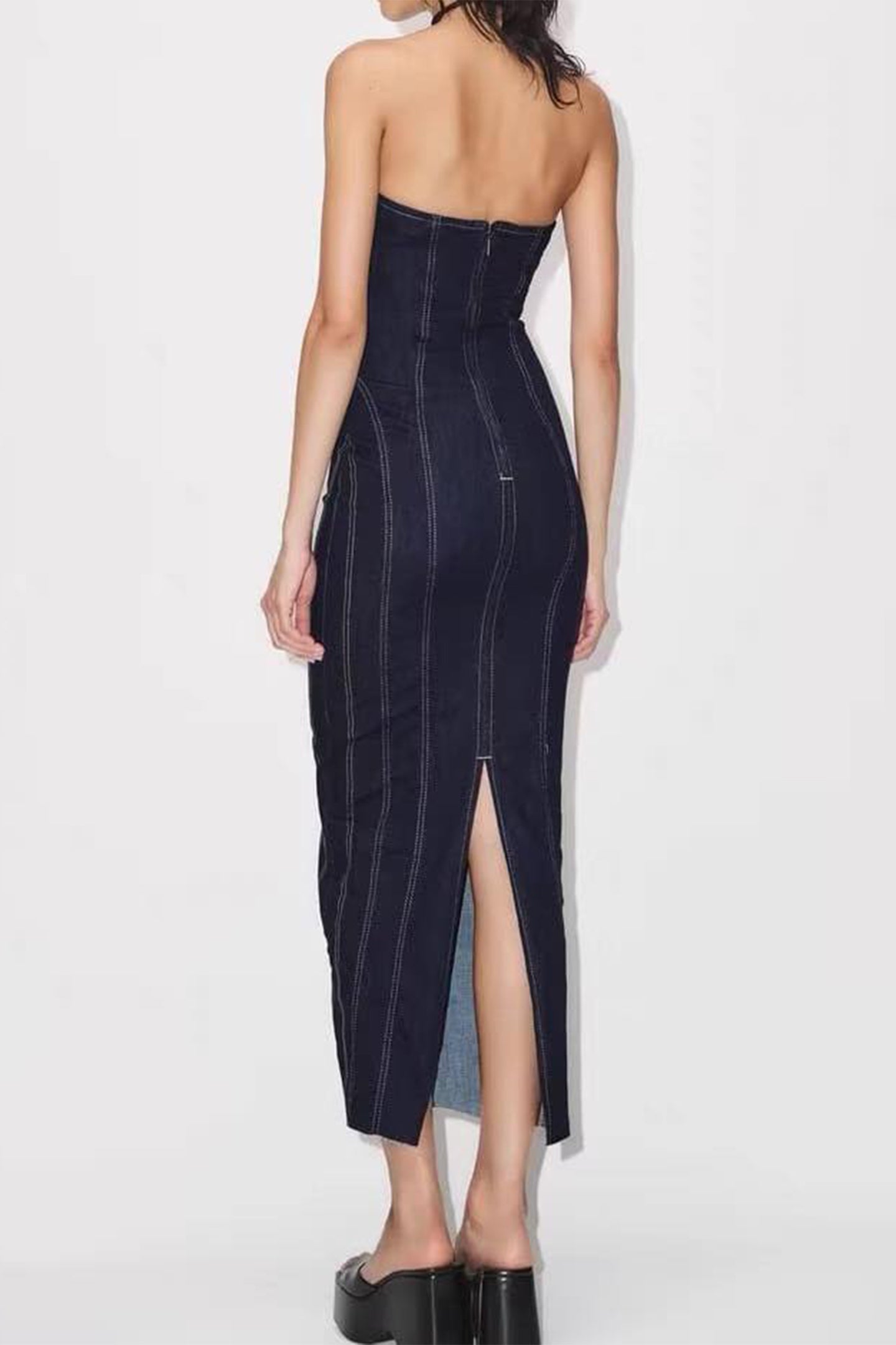 Arlene Strapless Back Slit Denim Maxi Dress
