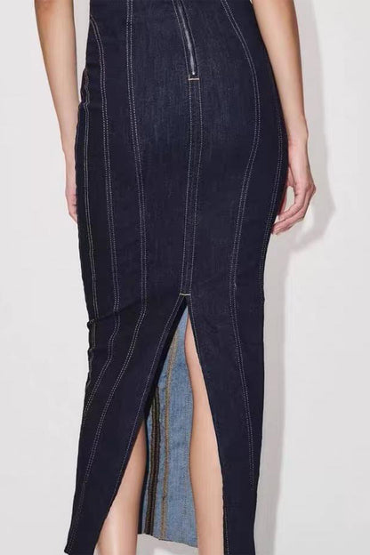 Arlene Strapless Back Slit Denim Maxi Dress