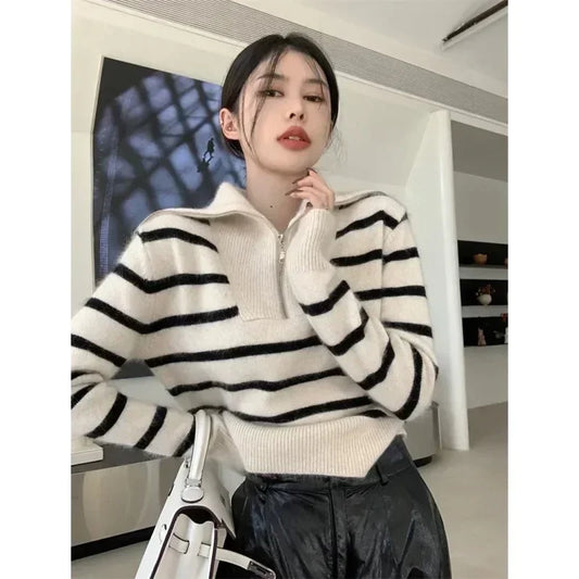 Autumn Winter Female Pullover Knit Loose Clothing Zipper Pullovers Shirts and Blouses Long Sleeve Traf Store Knitwears