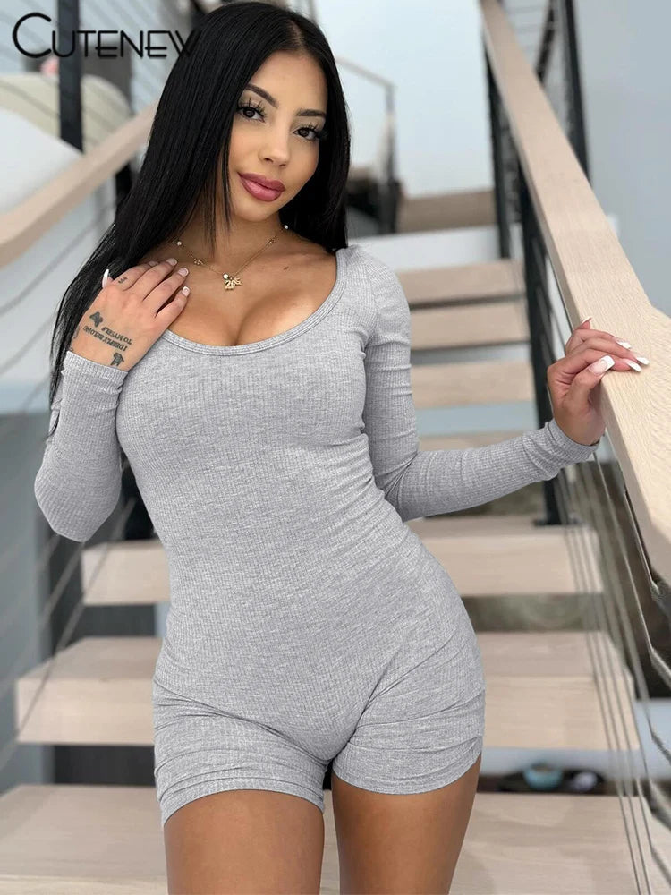 Casual Ribbed Women Playsuits Fashion Solid Autumn Full Sleeve Crew Neck Stretch Slim Rompers Female Gym Track One Piece