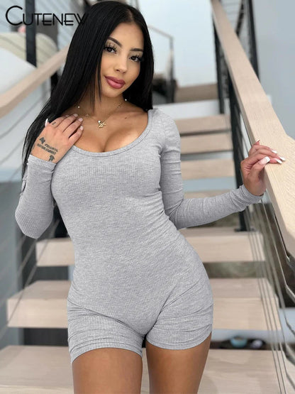 Casual Ribbed Women Playsuits Fashion Solid Autumn Full Sleeve Crew Neck Stretch Slim Rompers Female Gym Track One Piece