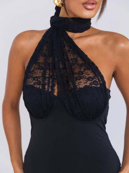 Vestido de noche sexy con cuello colgante de encaje y retazos en V profundo para mujer, elegante, sin espalda, para fiesta y club, otoño/invierno, nuevo