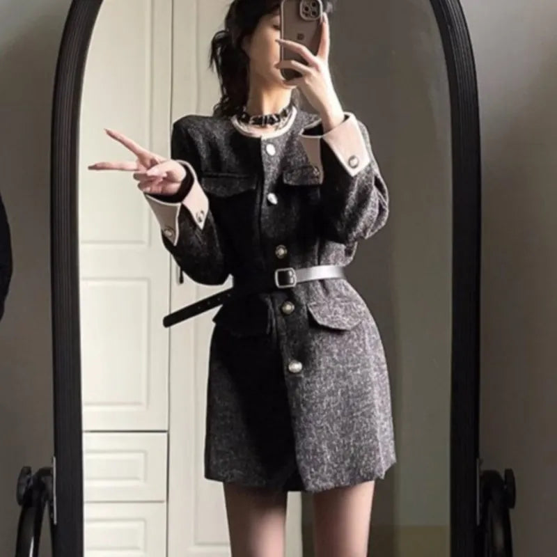Minivestidos de otoño e invierno para mujer con cinturón, cuello vuelto, patchwork, cuello redondo, estilo blazer coreano, vestidos casuales