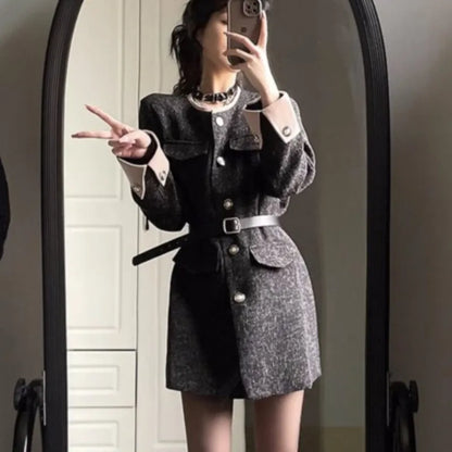 Minivestidos de otoño e invierno para mujer con cinturón, cuello vuelto, patchwork, cuello redondo, estilo blazer coreano, vestidos casuales