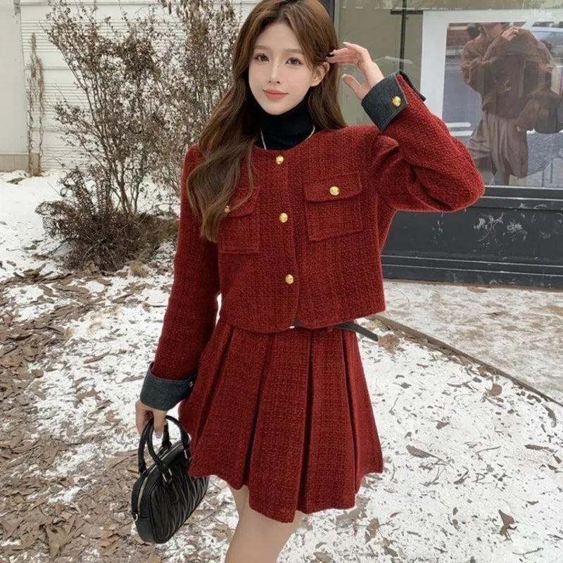 Autumn Winter New Red Tweed Two-piece Skirt Set Women Short Jacket Coat Pleated Mini Skirt Korean Fashion Chic Female Outfits