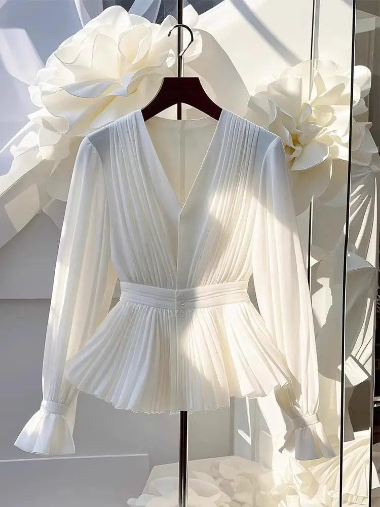 Blusa básica de chifón con cuello en V y volantes para mujer, elegante, blanca, plisada, de manga larga, informal, para oficina