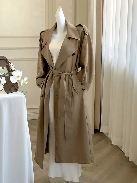 Autumn British Style Long Trench Women Lapel Double Breasted Coat with Belt Korean Fashion Windbreaker Outerwear Casual Jackets