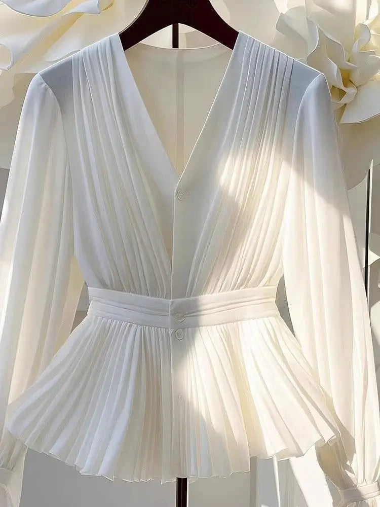 Blusa básica de chifón con cuello en V y volantes para mujer, elegante, blanca, plisada, de manga larga, informal, para oficina