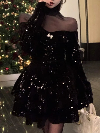 Vestido elegante informal de corte A para mujer, color negro, estilo vintage de terciopelo, a la moda, para fiestas, noches y Navidad