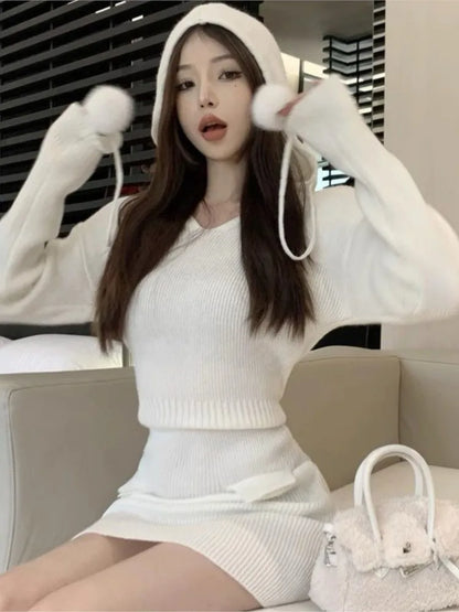 Autumn Women’s Knitted Dresses for Women Hoodies V-neck Long Sleeve Bodycon Short Dress Casual Korean Chic Vestidos Mujer New