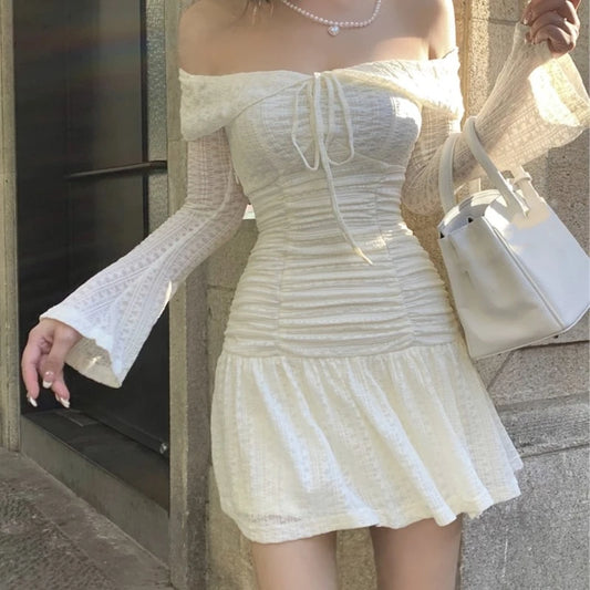 Autumn Elegant Y2K Short Dresses for Women Slash Neck Flare Sleeve Lace-up Halter A-line Slim Waist Korean Fashion Mini Vestidos