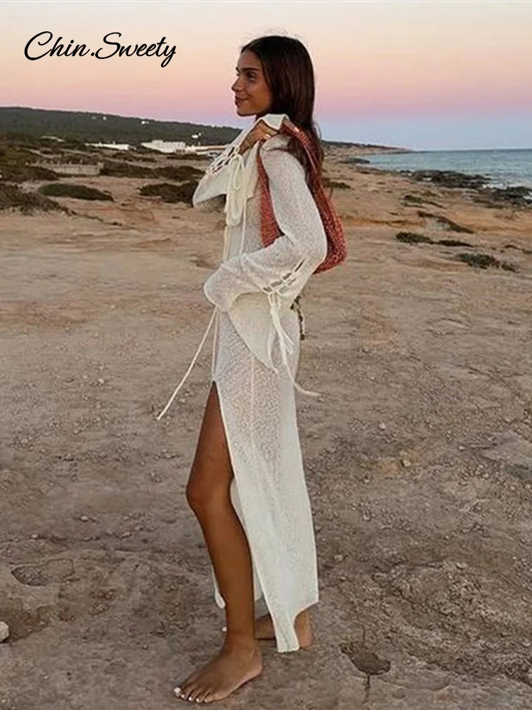 Beach V-neck Long Dress Women White Knitted Lace Up See Through High Slit Maxi Dresses 2025 Summer Lady Holiday Vacation Robes
