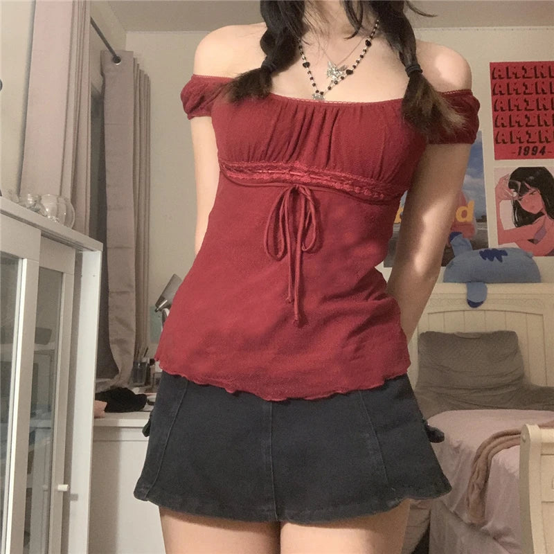 2000s Aesthetic Sweet Lace Tops Women Off Shoulder Drawstring T-shirt Korean Fashion Female Tee Fairy Grunge Streetwear